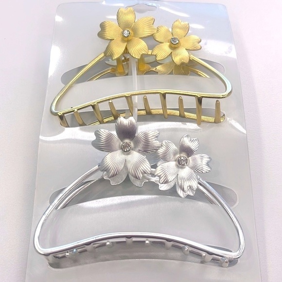 Brand New Natasha Set of 2 Metal Floral Rhinestone Gold & Silver Tone Hair Clips - Picture 10 of 15